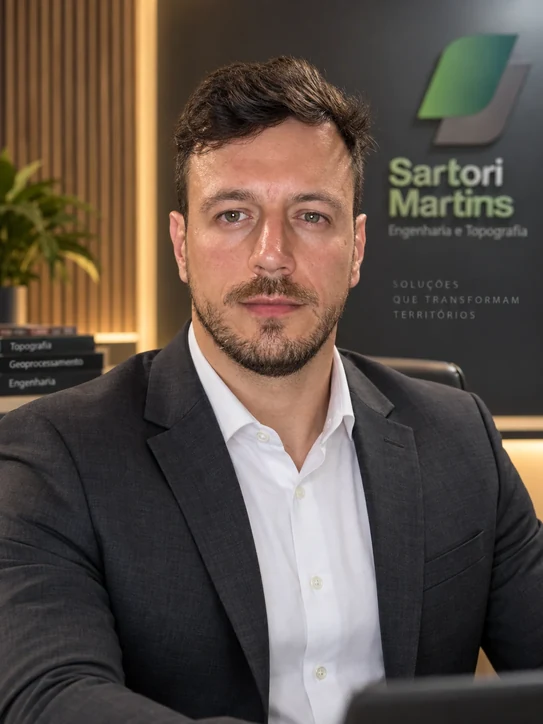 Aloísio Sartori Júnior, engenheiro agrimensor e cartógrafo, com a logo da Sartori Martins ao fundo