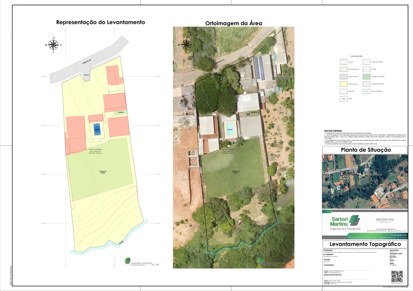 Folha de entrega de um levantamento: a planta do terreno com as construções, a piscina e o campo, ao lado da ortoimagem de drone da mesma área, com a planta de situação e o carimbo