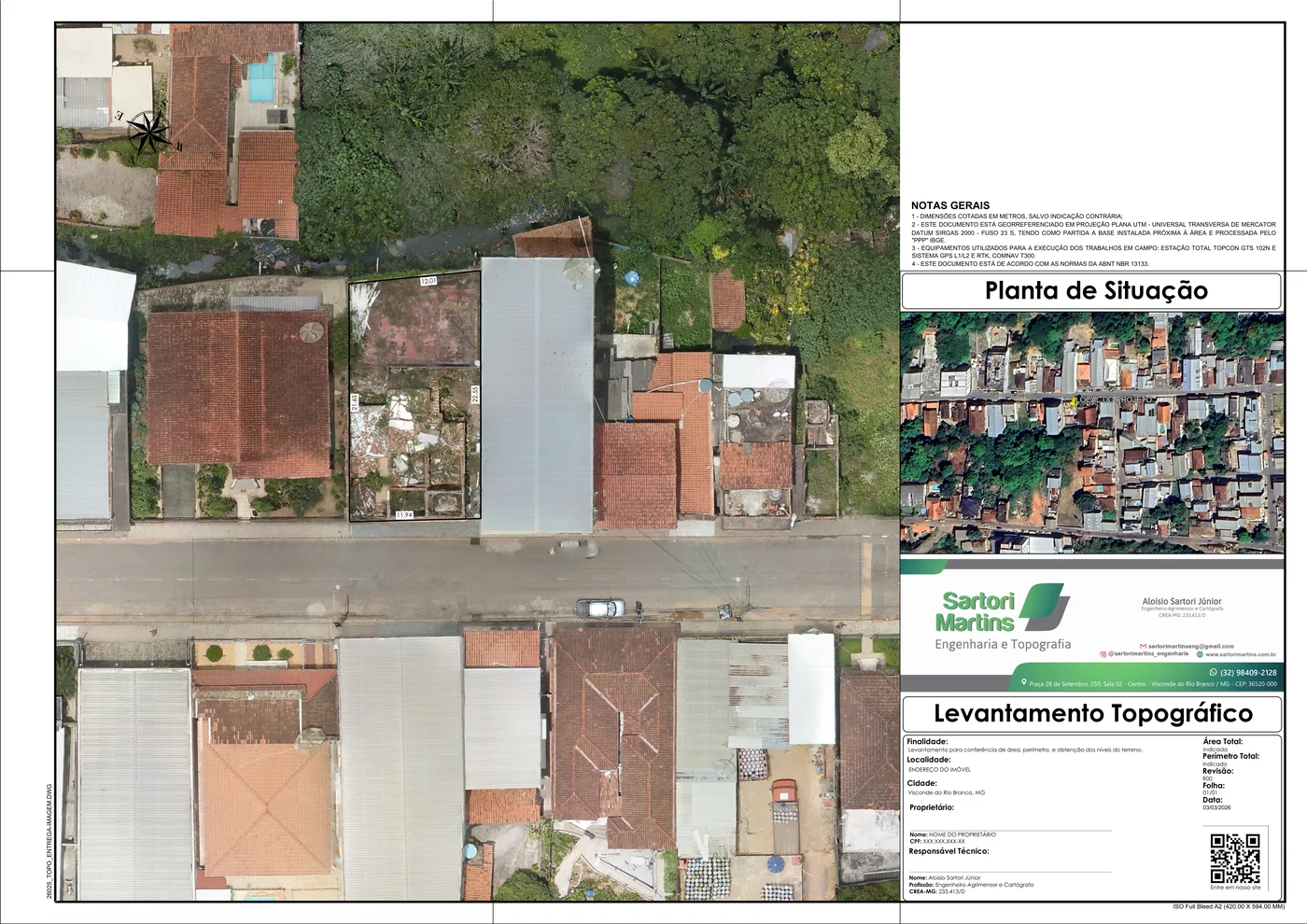 Folha de entrega de um levantamento de lote urbano desenhado sobre a ortoimagem de drone, com as medidas das divisas, a planta de situação e o carimbo