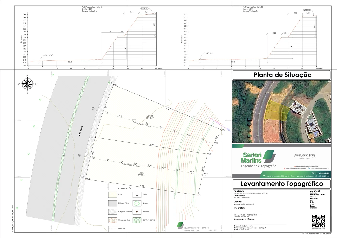 Folha de entrega de um levantamento de dois lotes urbanos: os perfis do terreno em cima, a planta com as divisas, as medidas e as curvas de nível, a planta de situação e o carimbo com os campos de assinatura do proprietário e do responsável técnico