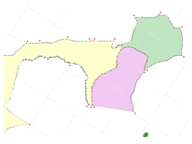 Planta de georreferenciamento com três áreas vizinhas em cores e os vértices marcados na divisa