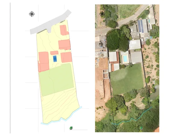 Levantamento topográfico: planta do terreno com as construções, ao lado da ortoimagem de drone da mesma área