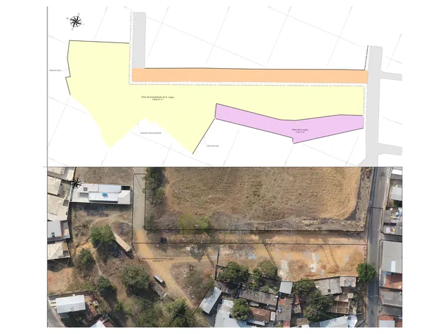 Levantamento de gleba urbana: a planta com as áreas em cores e, abaixo, a ortoimagem de drone
