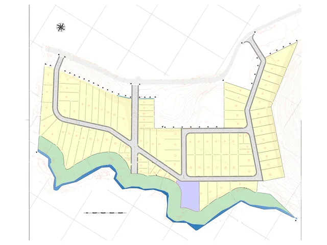 Projeto urbanístico de loteamento com quadras, lotes, ruas e a área verde junto ao córrego