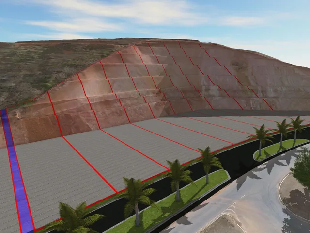 Modelo 3D do mesmo terreno com a plataforma em lotes, a rua e o paisagismo projetados