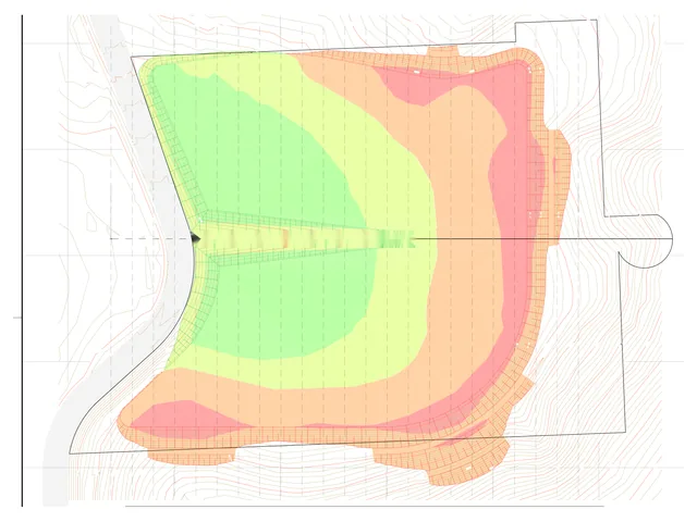 Mancha de corte e aterro de platô: as cores mostram onde o terreno baixa e onde sobe